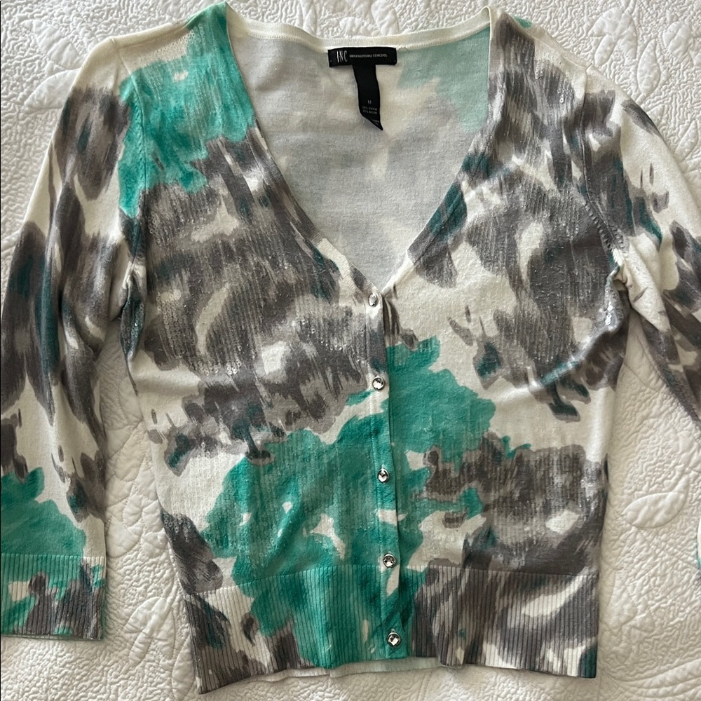 INC International Concepts White and Green Cardigan